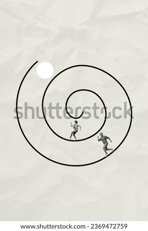 Vertical creative hypnosis concept picture collage of running two colleagues procrastination endless round way isolated on gray background