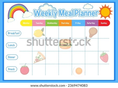 A cartoon-style time table for planning meals from breakfast to dinner and snacks for children throughout the week