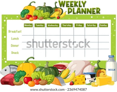 A cartoon-style vector illustration of a weekly meal planner for children