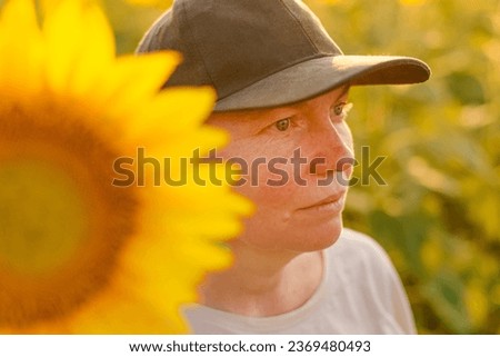 Female farm worker with trucker's hat in blooming sunflower field. Agriculture and farming concept. Selective focus. Royalty-Free Stock Photo #2369480493