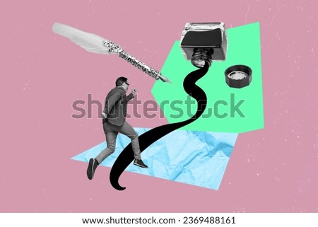 Composite collage picture image of walking running man author writer inkwell writing antique novelist storyteller blogger writer poetry Royalty-Free Stock Photo #2369488161