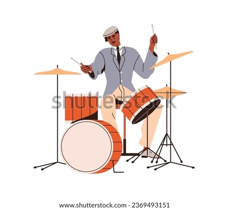 Musician playing at drum kit. African-American drummer performing retro music at percussion instrument. Black man player, solo performance. Flat vector illustration isolated on white background Royalty-Free Stock Photo #2369493151