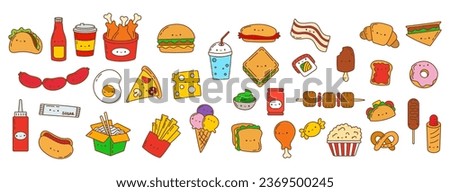 Kawaii Sticker Fast Food Set. Collection of Cute Kawaii Food Illustrations. All images are made in kawaii style. Vector Illustration of a Kawaii Food for Stickers, Baby Shower, Prints for Clothes