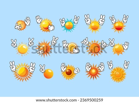 Set of Cartoon Sun. Collection of Cute Summer Sun Illustrations. All images are made in cartoon style. Vector Illustration of a Sunny Sun for Stickers, Baby Shower, Prints for Clothes