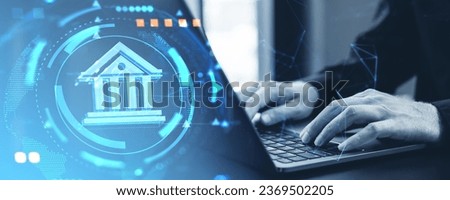 Man hands texting on laptop, toned image with digital bank icon with abstract futuristic design and earth sphere. Concept of blockchain, digital payments and internet money