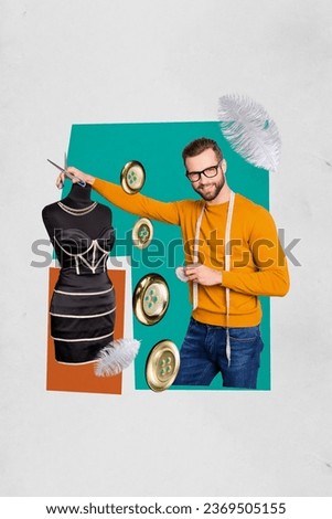 Composite collage picture image of professional designer sewing young man woman dress measure tape buttons cloth magazine sketch