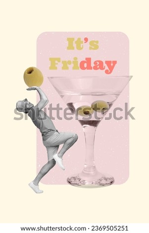 Vertical picture collage of cheerful happy guy enjoying friday free time drinking martini isolated on drawing background