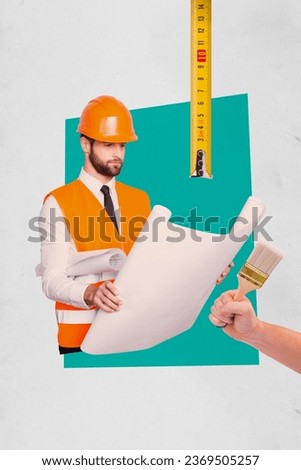 Creative poster collage of professional builder hold blueprints painter brush rebuilding house home renovation magazine sketch Royalty-Free Stock Photo #2369505257