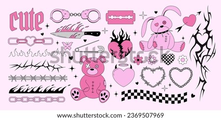 Y2k emo goth stickers collection. Old bear and bunny toys, hearts, spikes, tattoo, flame, knife in 2000s style. Black and pink gothic cliparts. Vector illustration