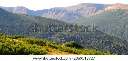 A serene Mediterranean landscape with lush green hills, trees, and a tranquil blue sky.