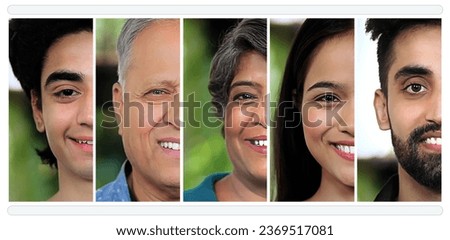 Indian happy smiling half face close up of beautiful teenager college student with senior old teacher. Diverse young business entrepreneur group worker people looking at camera
