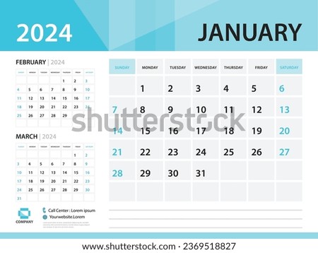 Calendar 2024 template, January 2024 year, Desk Calendar 2024 template, Week Start On Sunday, Wall calendar design, Planner layout, Stationery, Poster, printing media, Blue background vector