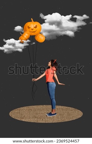 Creative drawing collage picture of excited young beautiful female hold pumpkin air balloons halloween party magazine surrealism banner