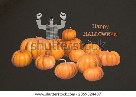 Creative image picture collage of funky funny girl farm pumpkin crop for halloween celebration