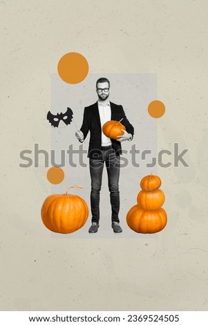 Composite collage picture image of adult young handsome man hold mask costume pumpkins halloween party surrealism psychedelic