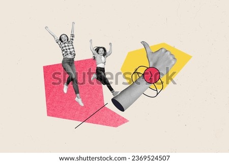 Creative drawing collage picture of two excited woman mother daughter sisters friends jumping happy hand show thumb up watch time