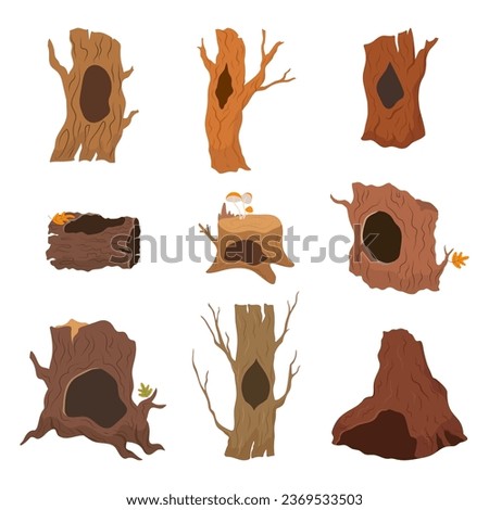 Wooden burrows, tree with holes. Empty animals houses, wood trunks and stump. Forest landscape and woodland elements, nowaday vector cartoon set Royalty-Free Stock Photo #2369533503