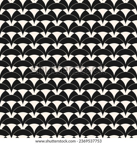 Vector seamless pattern in art deco style. Simple abstract geometric background with curved shapes, peacock ornament, lattice, grid. Stylish black and white texture. Repeated decorative geo design