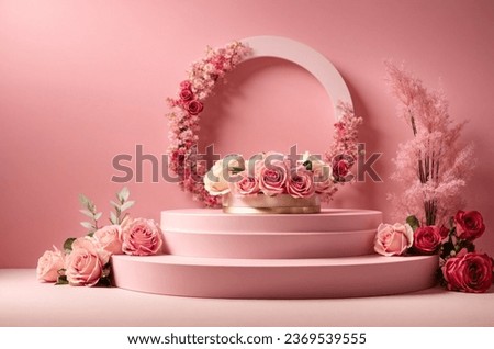 Beauty products presented on a podium with pink carnations and pink circular geometry on a pink pastel background. Mock ups for branding and packaging presentation