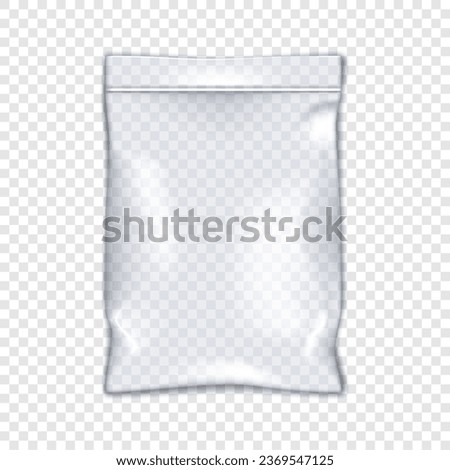 Clear vinyl resealable zipper pouch on transparent background vector mockup. Blank empty plastic bag with zip lock mock-up. PVC envelope sleeve zipper package template Royalty-Free Stock Photo #2369547125
