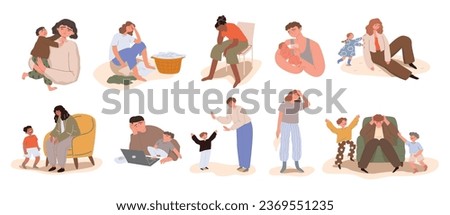 Set different tired parents. A woman and men parental responsibilities. Household chores, parenting. The concept of the difficulties of motherhood. Vector cartoon flat illustration.