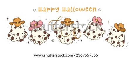 Kawaii Halloween banner with this cute kawaii cartoon doodle of a Halloween cowboy ghost. This clipart is perfect for all your Halloween designs, greeting card.