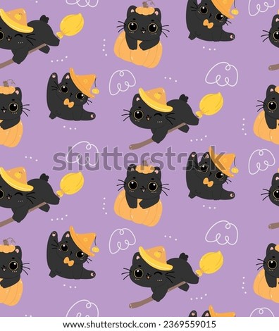 Adorable Halloween black cat cartoon pattern. Perfect for festive decorations and textile prints, Ideal for anyone who loves cats and Halloween.
