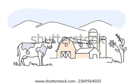 Cow with barn line art drawing. Minimalist black linear sketch Royalty-Free Stock Photo #2369564033
