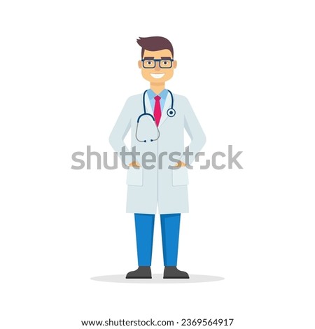 Doctor or practitioner with stethoscope at work, hospital or clinic staff. Medicine worker wearing gown. Cartoon character of smiling doctor. Healthcare and medicine concept clip art. Vector