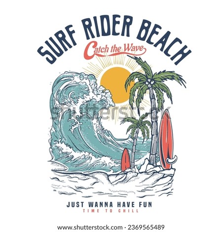 big waves in summer beach paradise theme T-shirt print, happiness comes in waves, text with a waves illustration, for t-shirt prints, posters. Summer Beach Vector illustration