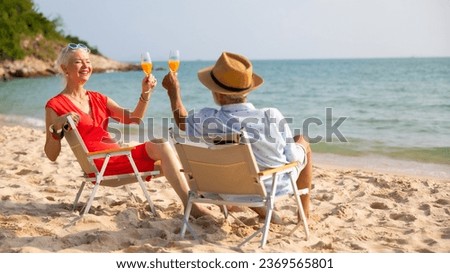 Elderly couple man and woman wearing fashion sunglasses talking together and looking at the sea sky sitting on chair on beach. Vacation trip summer holiday. Royalty-Free Stock Photo #2369565801