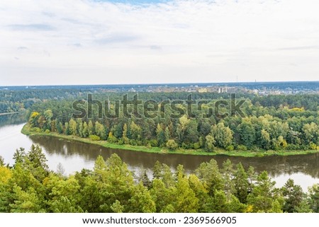 Aerial Shot of Neman or Nemunas River Amidst Autumn Woods, Druskininkai, Lithuania.