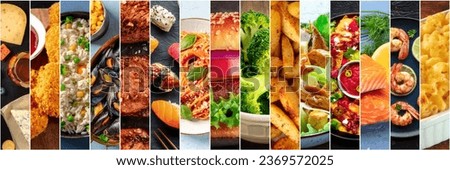 Food collage layout. A variety of dishes, a collection for a restaurant banner. International cuisine. Burger, salad and plates of Italian, Mexican, American cooked meals Royalty-Free Stock Photo #2369572025
