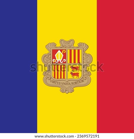 The flag of Andorra. Standard color. A square flag. Icon design. Computer illustration. Digital illustration. Vector illustration.