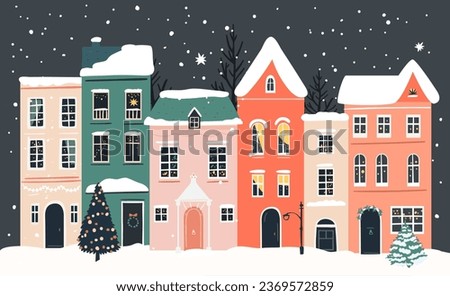 Christmas town, european houses street with falling snow. Winter city scene, vector illustration for greeting card design.