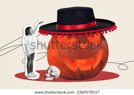 Picture conceptual collage of cute schoolgirl raise hand measure size large pumpkin with creepy face isolated on drawing background
