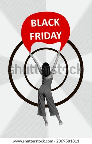 Rear back view collage illustration of woman holding arms huge bubble red cloud black friday message offer isolated on gray background