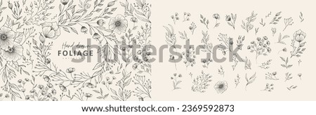 Floral branch and minimalist flowers for logo or tattoo. Hand drawn line wedding herb, elegant leaves for invitation save the date card. Botanical rustic trendy greenery Royalty-Free Stock Photo #2369592873
