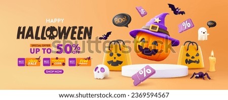 Halloween Sale Promotion Poster template with Halloween pumpkins,cute ghost,coupon,shopping bag .Website spooky or banner template.Vector illustration eps 10