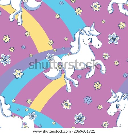Cute unicorn with rainbow, Pattern seamless kids fashion textile print, Hand drawn Vector Illustration