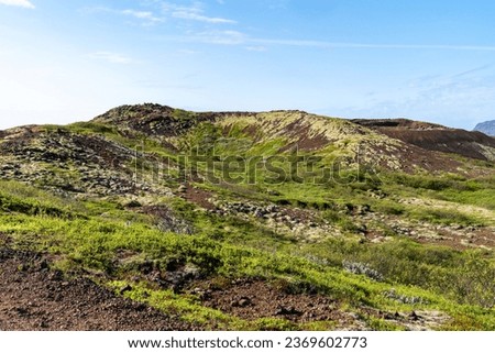 Mossy green volcanic landscape near Kerid Crater along the golden circle area of Iceland