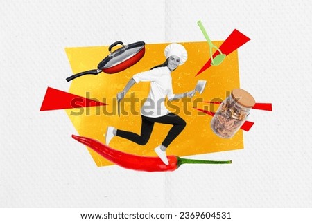 Collage artwork picture of happy smiling lady chef professional cooker isolated creative white color background