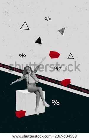 Banner illustration photo of young satisfied girl monochrome style collage girl wait market black friday offer isolated on gray background