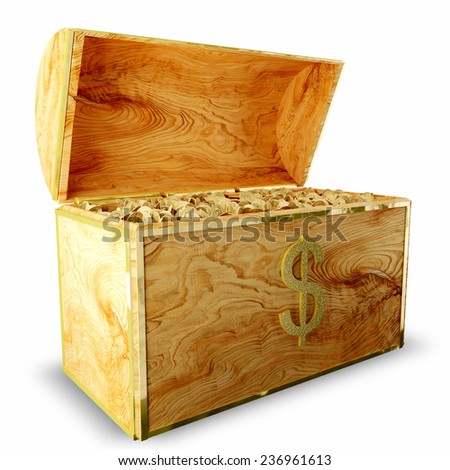 Wooden treasure chest loaded with golden coins