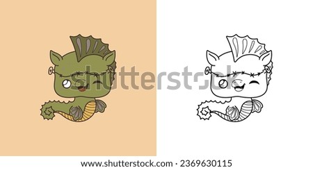 Halloween Kawaii Sea Horse for Coloring Page and Illustration. Adorable Clip Art Halloween Marine Animal. Cute Vector Illustration of a Kawaii Halloween Seahorse in a Zombie Costume. 