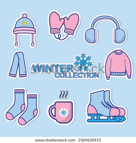 Winter Elements Sticker Set Collection Vector Illustration. Flat Cartoon Style Design. Winter Clothes and Essentials Concept