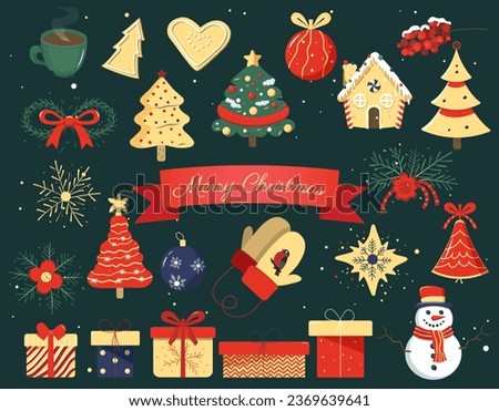 Christmas collection of seasonal elements with snowman, christmas trees, mittens gift. Vector winter design. 