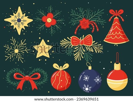 Christmas decorations. Spruce balls christmas bell. Christmas bauble in cartoon style. Vector illustration