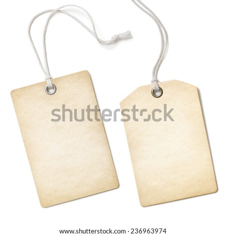 Blank old paper cloth tag or label set isolated on white