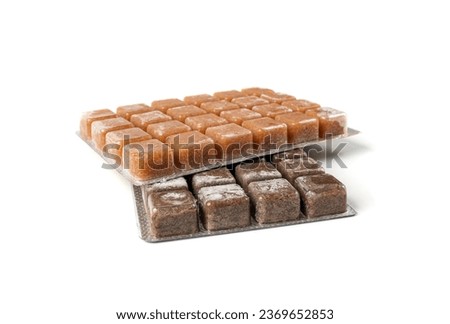 Fish Food Isolated, Insect Briquettes, Frozen Artemia, Cold Daphnia, Frozen Bloodworm on White Background